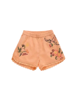 Birds Embroidered Shorts Orange