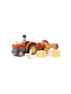 Drewniany traktor z przyczepą i akcesoriami