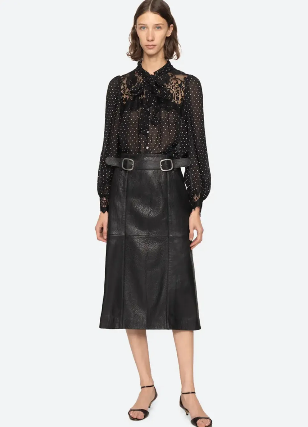 Gwen leather belted midi skirt