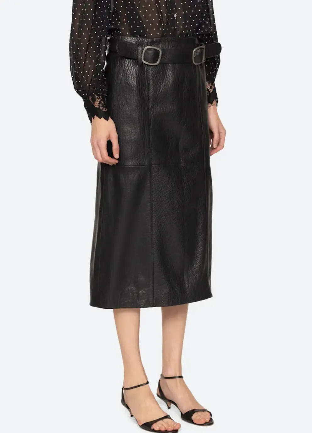 Gwen leather belted midi skirt